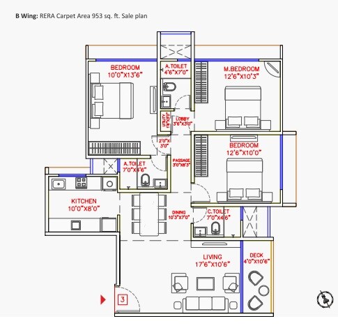 Floor plan of 3 BHK 953 Sq. Ft. Apartment in Jet Anand Bhawan, Mumbai