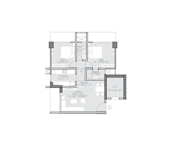 Floor plan of 2 BHK 637 Sq. Ft. Apartment in Jet Samriddhi, Mumbai