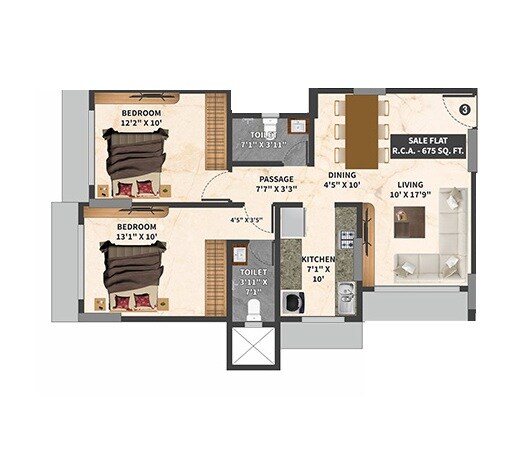Floor plan of 2 BHK 675 Sq. Ft. Apartment in Jet Triveni Heights, Mumbai