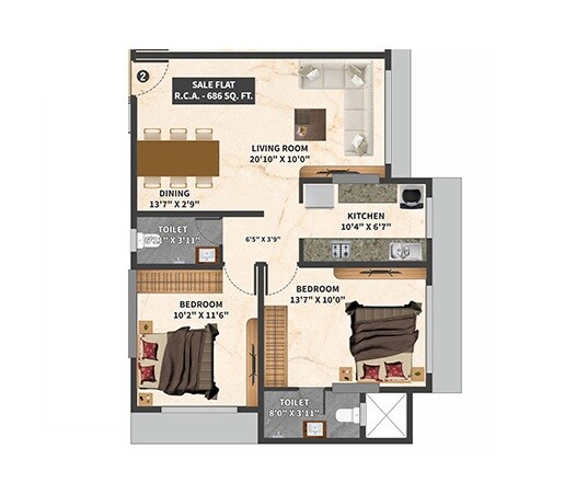 Floor plan of 2 BHK 686 Sq. Ft. Apartment in Jet Triveni Heights, Mumbai