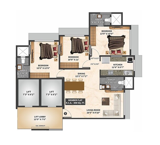 Floor plan of 3 BHK 890 Sq. Ft. Apartment in Jet Triveni Heights, Mumbai