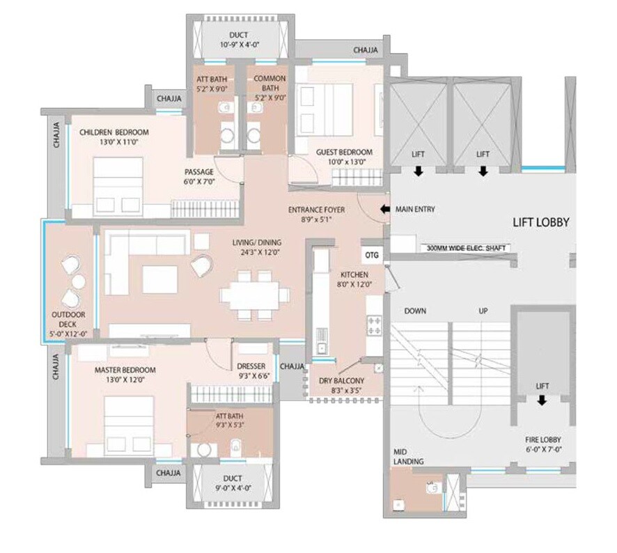 Floor plan of 3 BHK 1243 Sq. Ft. Apartment in Jewel Crest, Mumbai