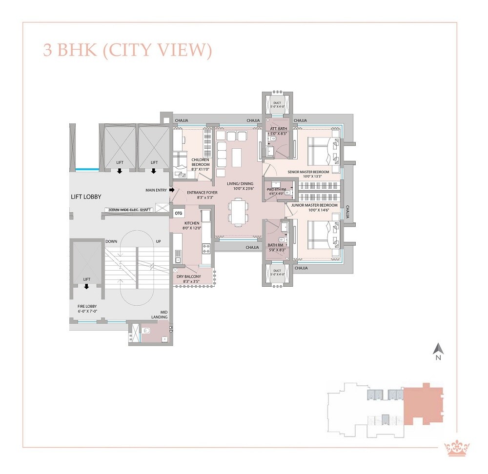 Floor plan of 3 BHK 967 Sq. Ft. Apartment in Jewel Crest, Mumbai
