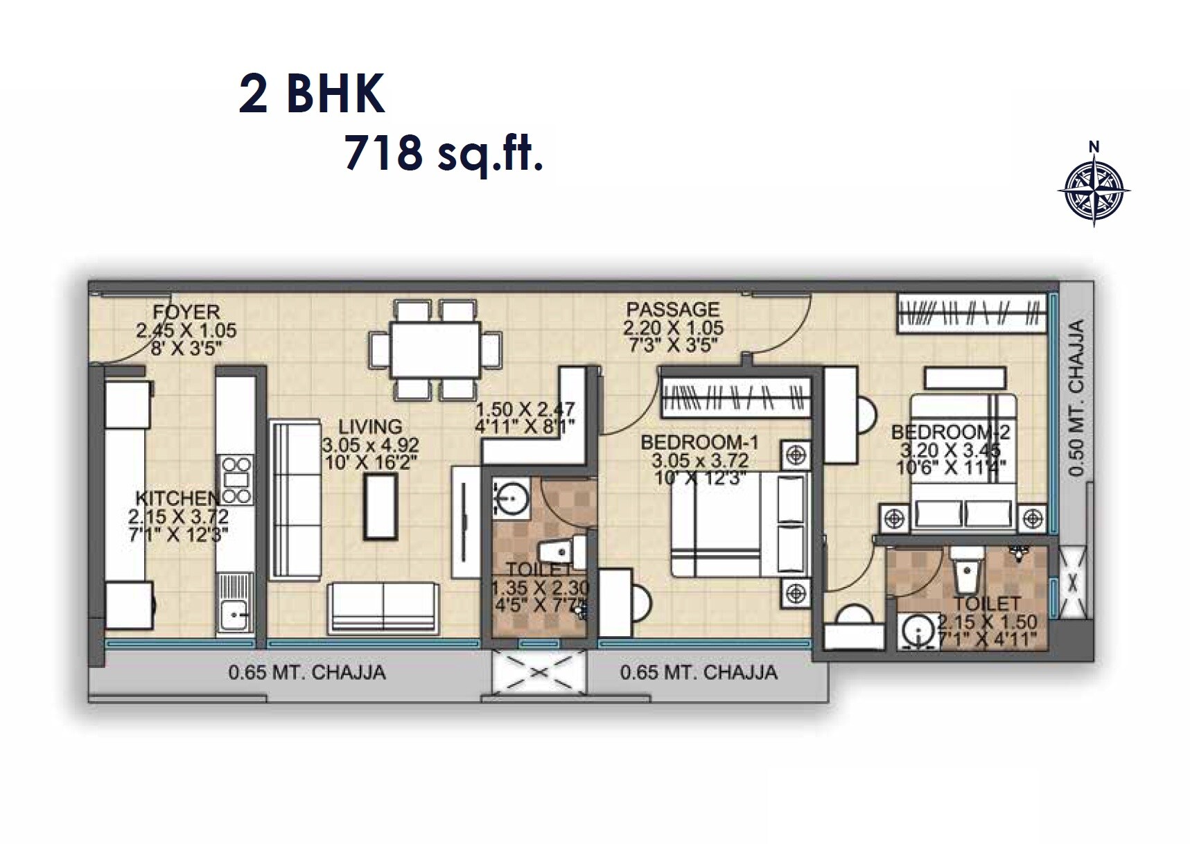2 BHK 718 Sq. Ft. Apartment