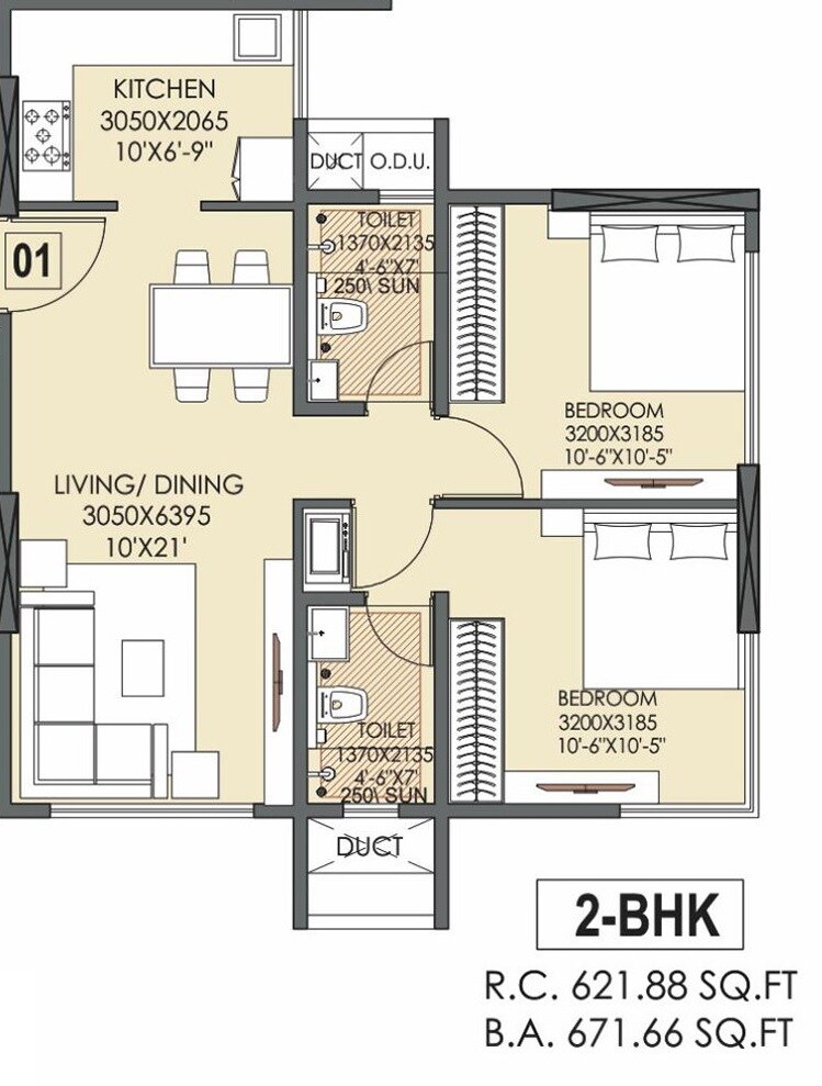 Floor plan of 2 BHK Apartment - 622 sq. ft. in Johaan Signature Isle, Mumbai