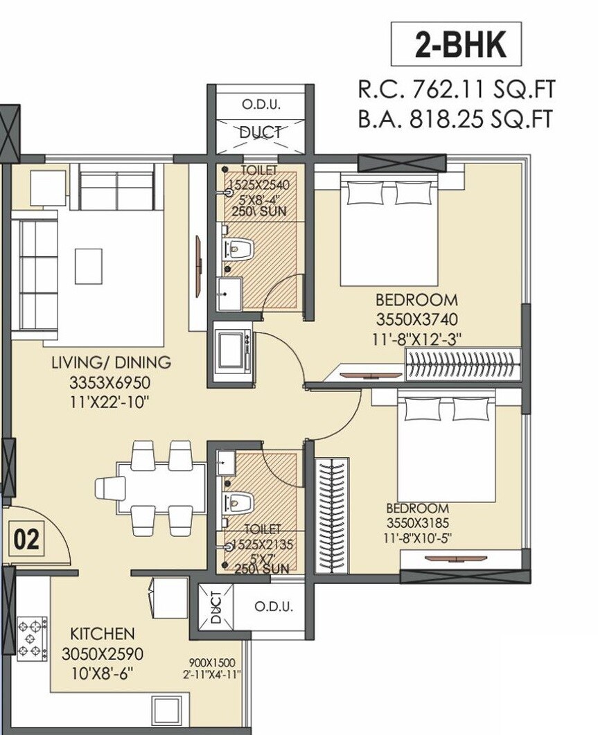 Floor plan of 2 BHK Apartment - 762 sq. ft. in Johaan Signature Isle, Mumbai