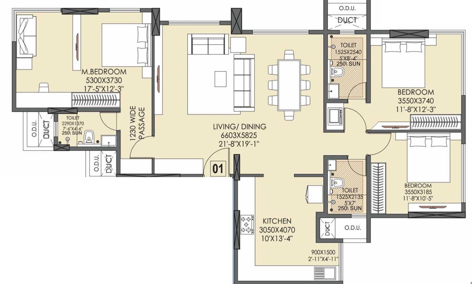 Floor plan of 3 BHK Apartment - 872 sq. ft. in Johaan Signature Isle, Mumbai