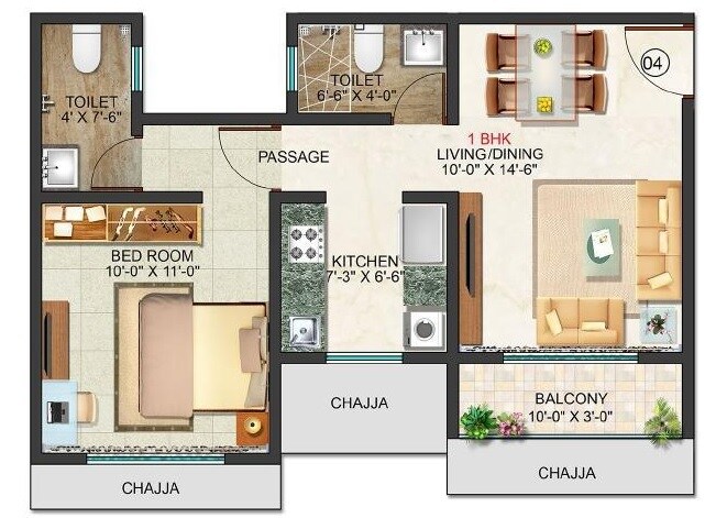 Floor plan of 1 BHK 425 Sq. Ft. Apartment in John Shravan, Mumbai