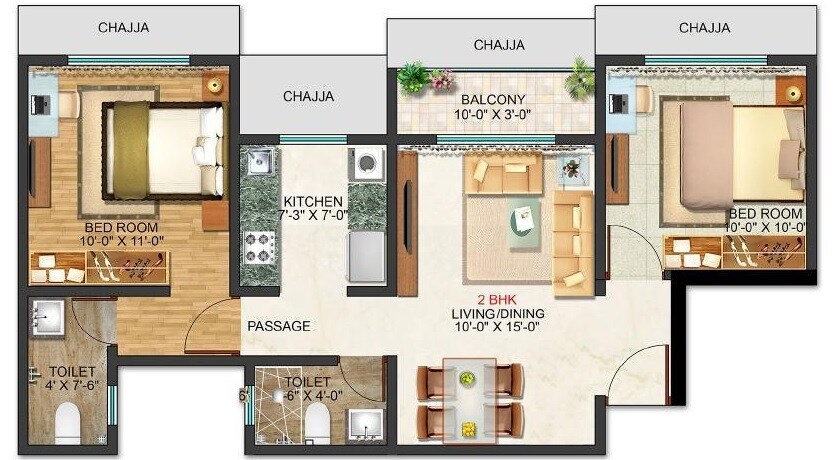 Floor plan of 2 BHK 564 Sq. Ft. Apartment in John Shravan, Mumbai