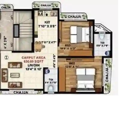 Floor plan of 2 BHK 630 Sq. Ft. Apartment in Johns Wish, Mumbai