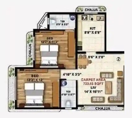 Floor plan of 2 BHK 723 Sq. Ft. Apartment in Johns Wish, Mumbai