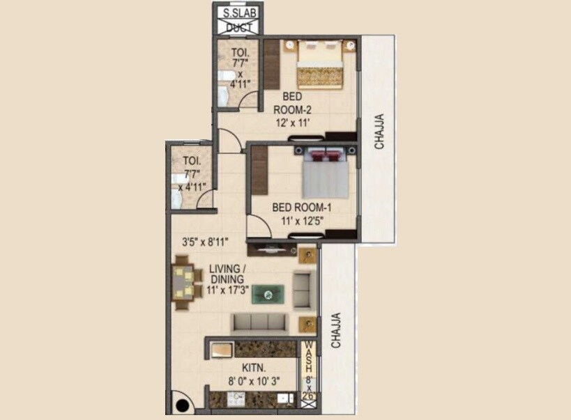 Floor plan of 2 BHK 800 Sq. Ft. Apartment in Joy Adinath, Mumbai