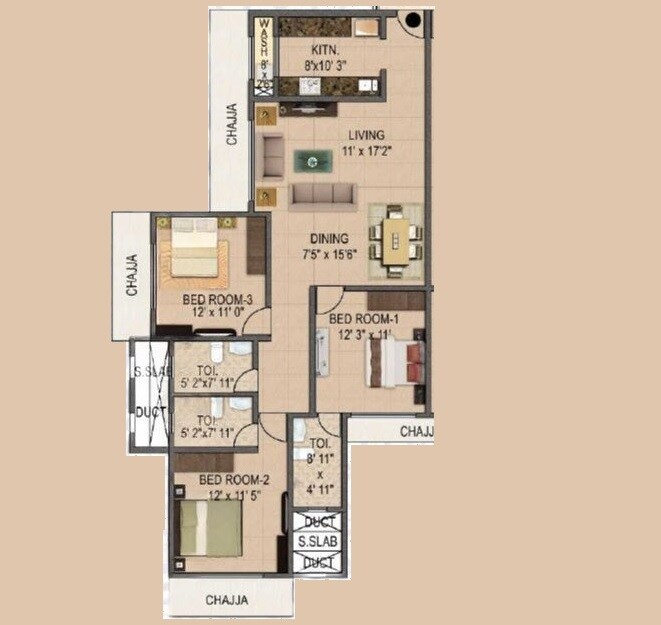 Floor plan of 3 BHK 1095 Sq. Ft. Apartment in Joy Adinath, Mumbai