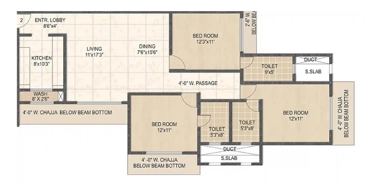 Floor plan of 2 BHK 1095 Sq. Ft. Apartment in Joy Adinath II, Mumbai