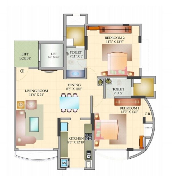 Floor plan of 2 BHK 789 Sq. Ft. Apartment in Joy Adinath II, Mumbai