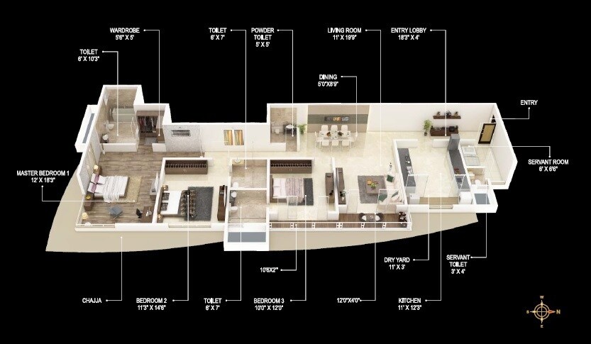 Floor plan of 3 BHK Apartment - 1898 sq. ft. in Joy Legend, Mumbai