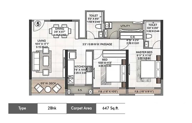Floor plan of 2 BHK 647 Sq. Ft. Apartment in Joynest Seasons, Mumbai