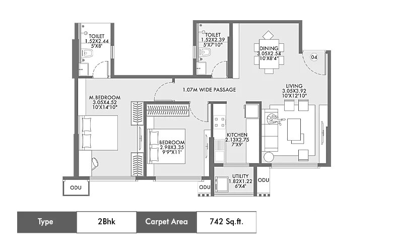 Floor plan of 2 BHK 742 Sq. Ft. Apartment in Joynest Seasons, Mumbai