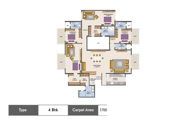 Floor plan of 4 BHK 1700 Sq. Ft. Apartment in Joynest Seasons, Mumbai