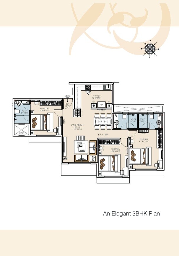 Floor plan of 3 BHK 1050 Sq. Ft. Apartment in JP Chalet Amar, Mumbai