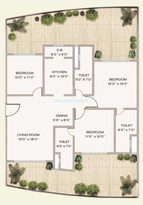 Floor plan of 3 BHK 1850 Sq. Ft. Apartment in JP Decks, Mumbai