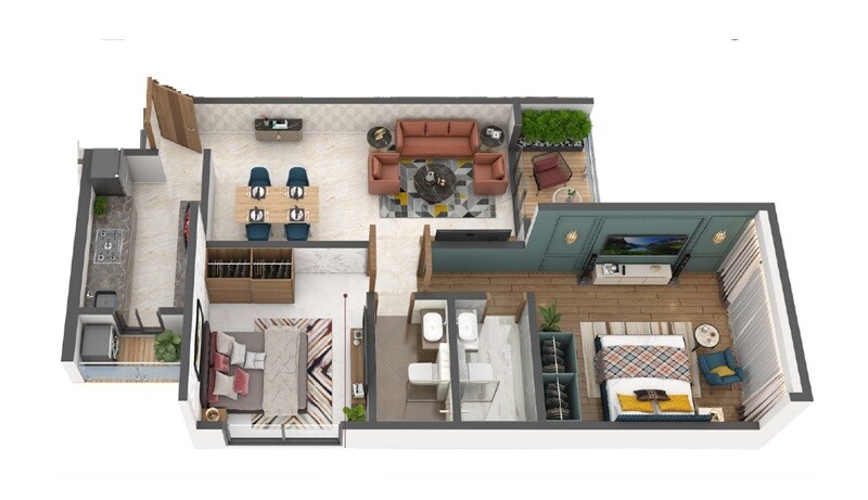 Floor plan of 2 BHK 746 Sq. Ft. Apartment in JPV Pratap Adinath, Mumbai