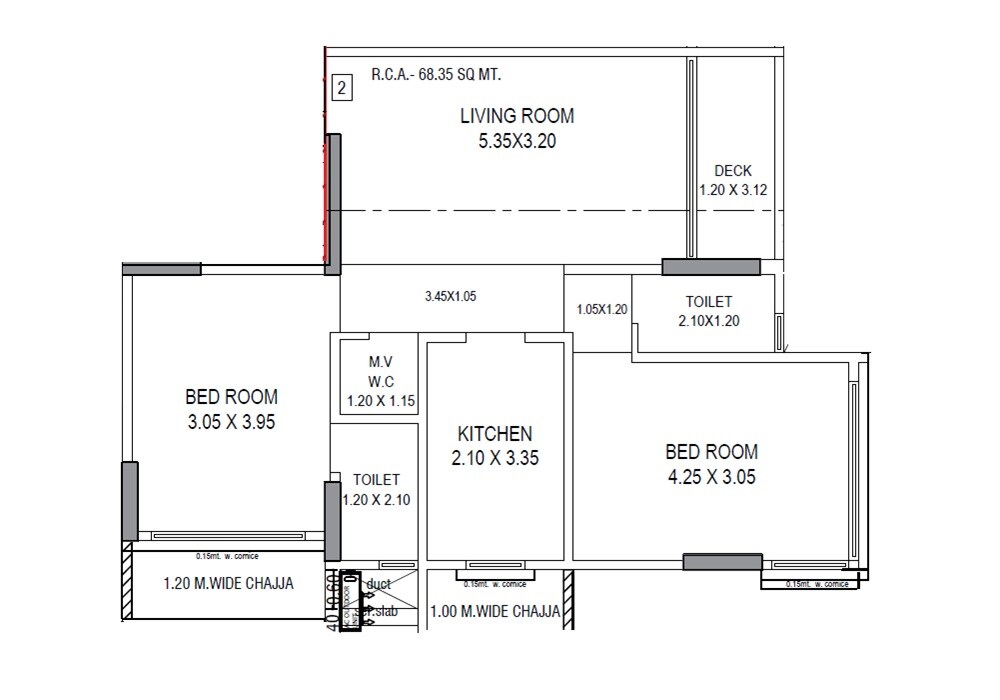 Floor plan of 2 BHK 735 Sq. Ft. Apartment in JPV Pratap Bhavan, Mumbai