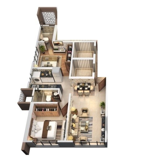 Floor plan of 2 BHK 577 Sq. Ft. Apartment in JPV Pratap Grandeur, Mumbai