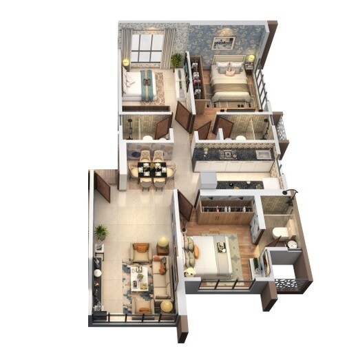 Floor plan of 3 BHK 873 Sq. Ft. Apartment in JPV Pratap Grandeur, Mumbai