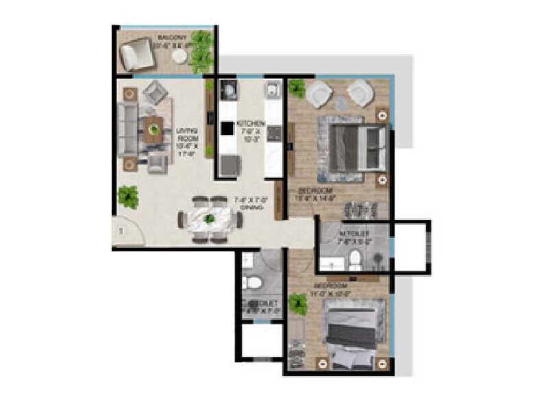 Floor plan of 2 BHK 694 Sq. Ft. Apartment in JPV Pratap Legacy, Mumbai