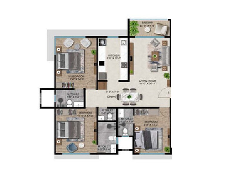 Floor plan of 3 BHK 969 Sq. Ft. Apartment in JPV Pratap Legacy, Mumbai