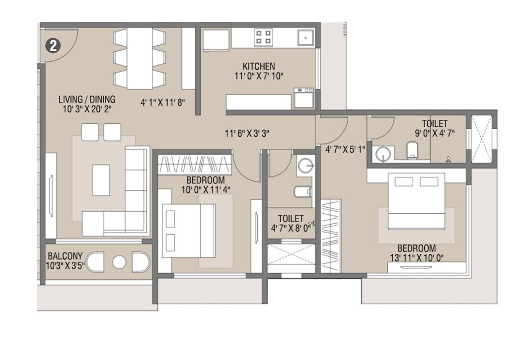 Floor plan of 2 BHK 651 Sq. Ft. Apartment in JRT Elysia, Mumbai