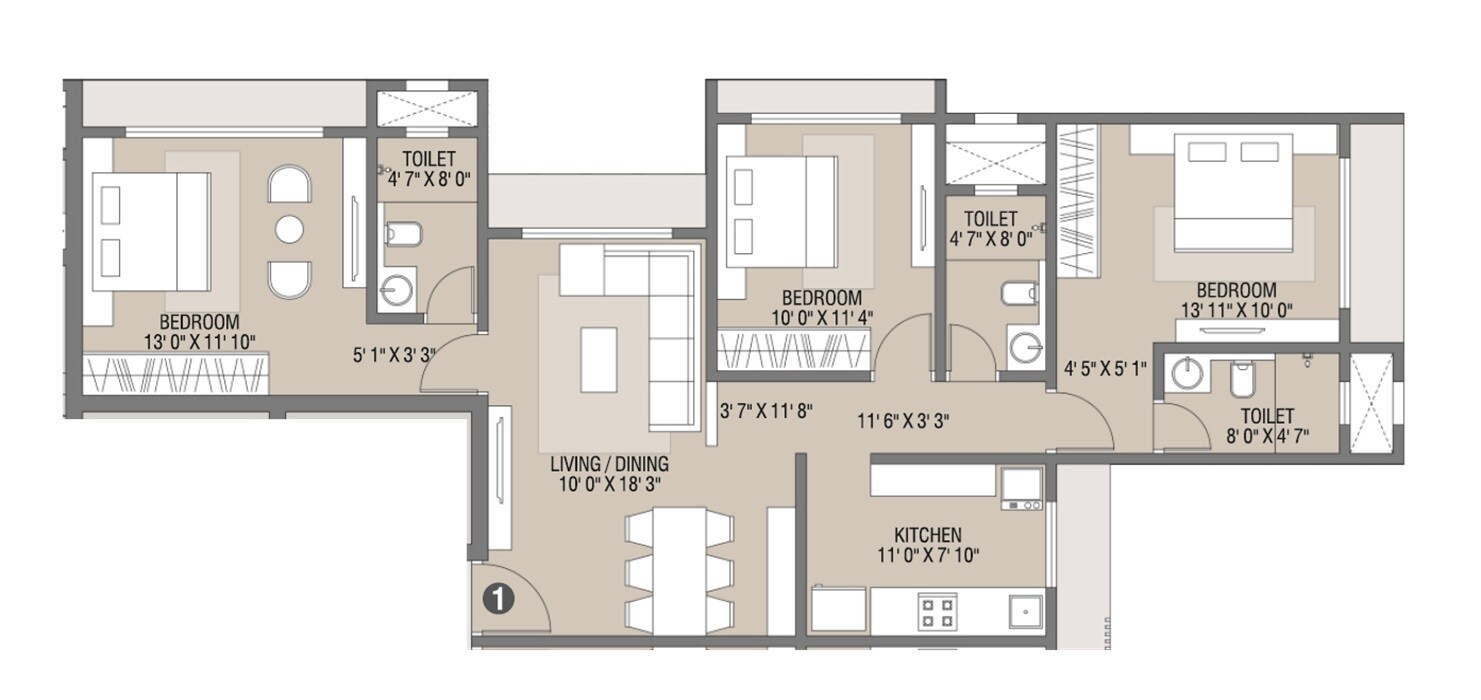 Floor plan of 3 BHK 949 Sq. Ft. Apartment in JRT Elysia, Mumbai