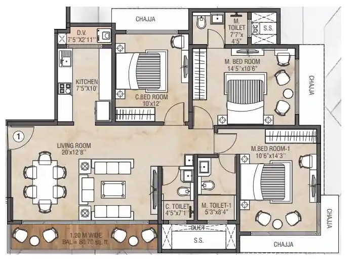 3 BHK 839 Sq. Ft. Apartment in JVM Monica Gardens