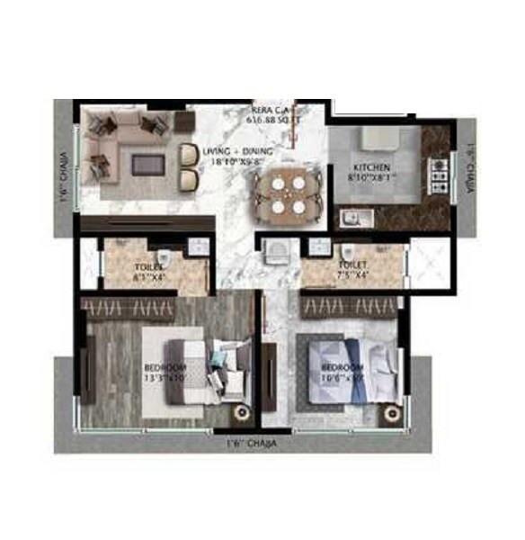 Floor plan of 2 BHK 617 Sq. Ft. Apartment in JVM Sai Darshan, Mumbai