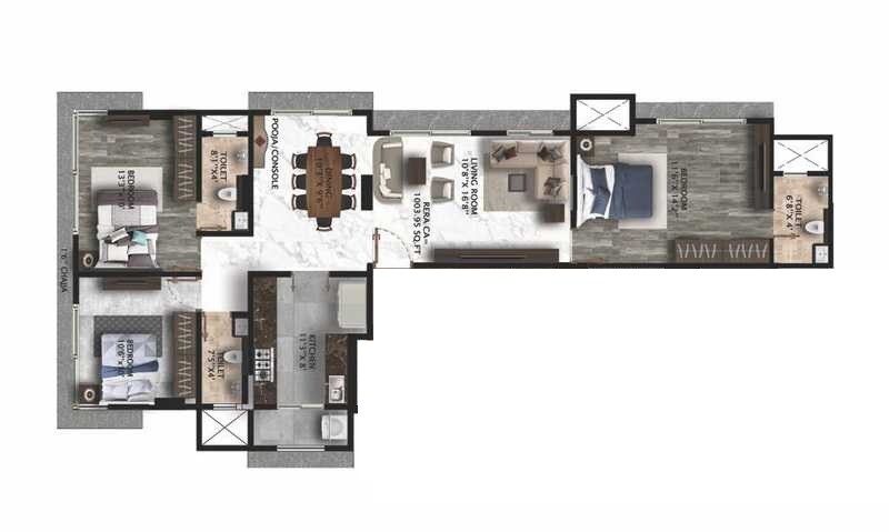 Floor plan of 3 BHK 1007 Sq. Ft. Apartment in JVM Sai Darshan, Mumbai
