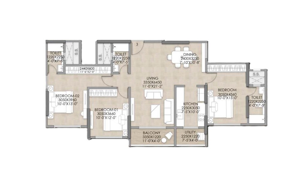 Floor plan of 3 BHK 1060 Sq. Ft. Apartment in JVM Shanay Vista, Mumbai