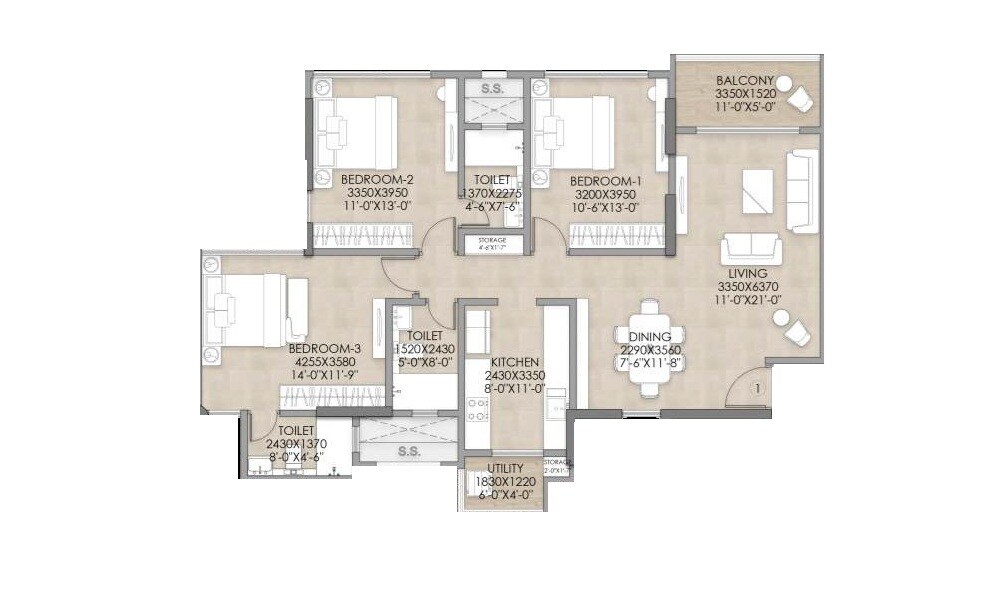 Floor plan of 3 BHK 956 Sq. Ft. Apartment in JVM Shanay Vista, Mumbai