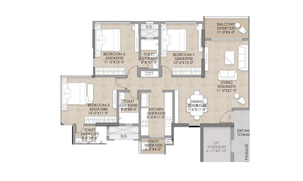 3 BHK 956 Sq. Ft. Apartment