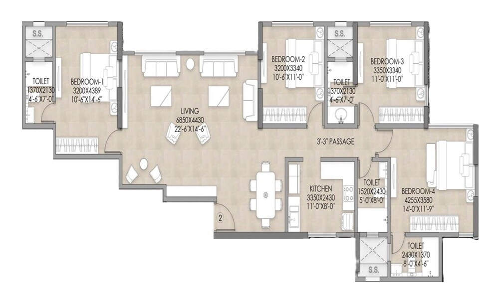 Floor plan of 4 BHK 1318 Sq. Ft. Apartment in JVM Shanay Vista, Mumbai