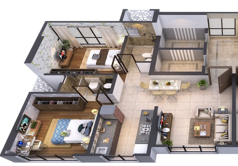 Floor plan of 2 BHK 671 Sq. Ft. Apartment in JVP Pratap Gaurav, Mumbai
