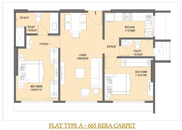 Floor plan of 2 BHK 665 Sq. Ft. Apartment in Jyoti CHS Santacruz East, Mumbai