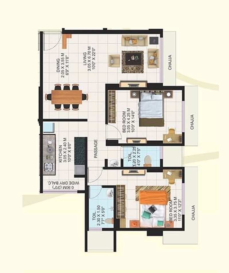 Floor plan of 2 BHK Apartment - 703 sq. ft. in Jyoti Manjari Arcade, Mumbai