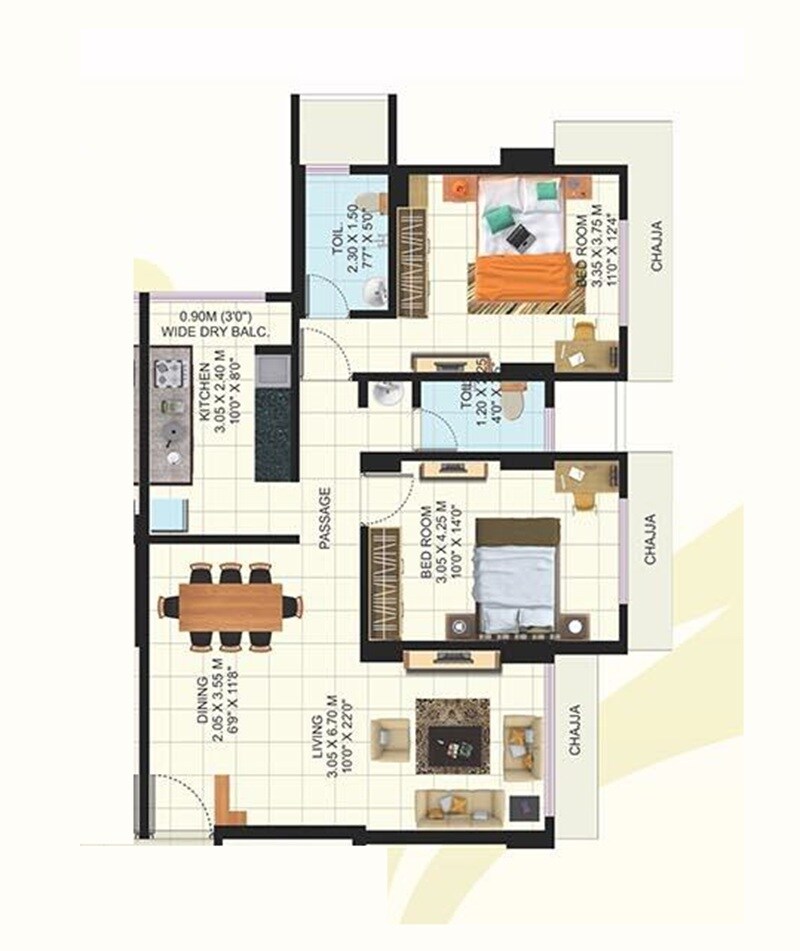 Floor plan of 2 BHK Apartment - 839 sq. ft. in Jyoti Manjari Arcade, Mumbai