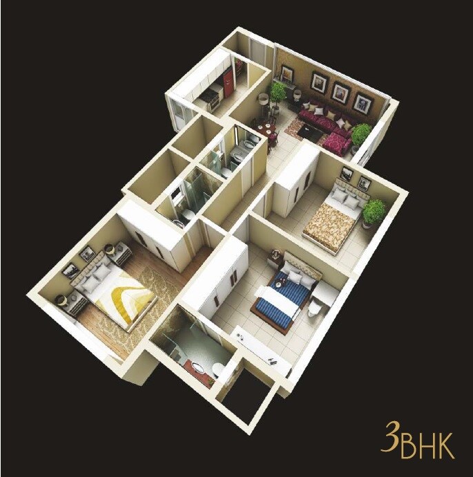 Floor plan of 3 BHK 892 Sq. Ft. Apartment in Jyoti Sukriti, Mumbai
