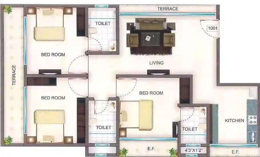 Floor plan of 3 BHK 970 Sq. Ft. Apartment in K Bhatia White House, Mumbai