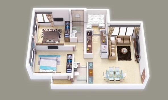 Floor plan of 2 BHK 829 Sq. Ft. Apartment in K Hemani Login, Mumbai