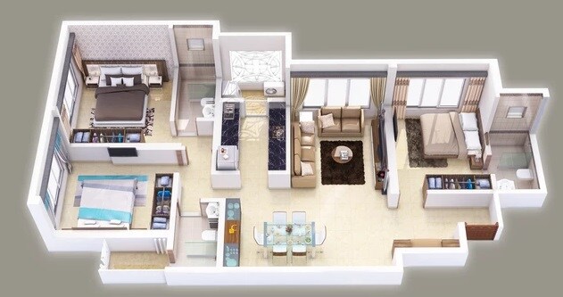 Floor plan of 3 BHK 1049 Sq. Ft. Apartment in K Hemani Login, Mumbai