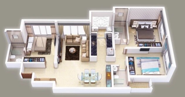 Floor plan of 3 BHK 995 Sq. Ft. Apartment in K Hemani Login, Mumbai