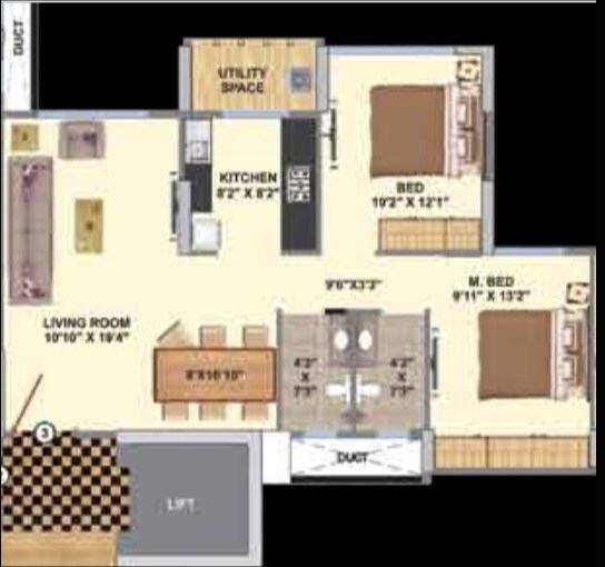 Floor plan of 2 BHK 1225 Sq. Ft. Apartment in K Mordani La Maison, Mumbai